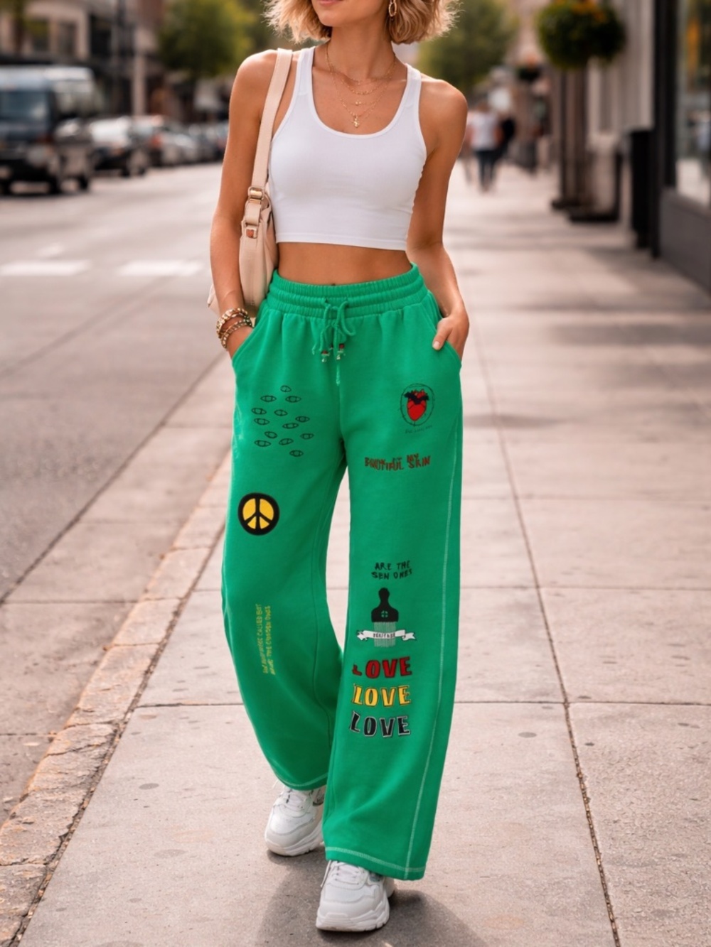 Y2K Forever 21 Graphic Sweatpants – Green Wide Leg Lounge Pants